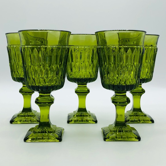 Green Depression Glass Goblets, Set of 5